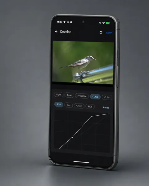 RAW photo develop screen with a tone curve in Storage Studio